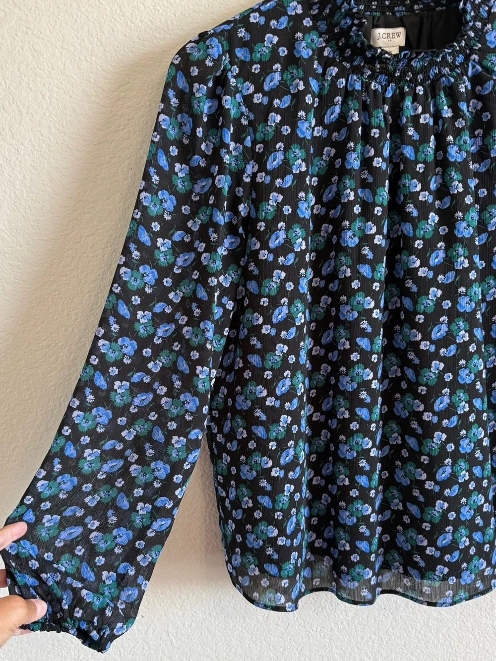 J Crew Black Floral Smocked Neck Long Sleeve Blouse Blue & Green Floral Size SM